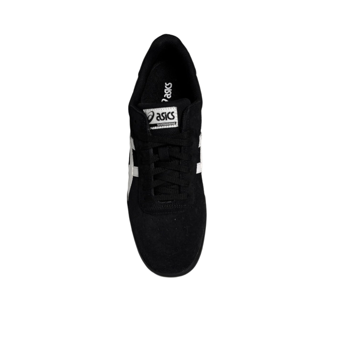 overhead view of Black sneaker with white stripes on a white background