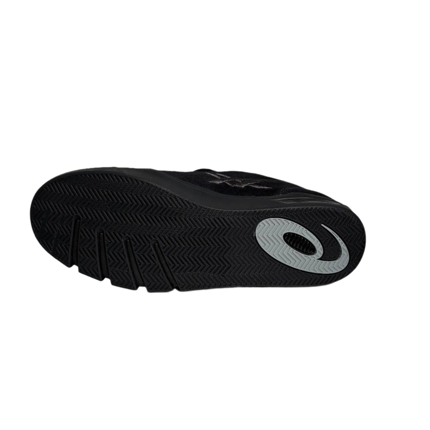 sole of Black athletic shoe with a visible brand logo on a white background