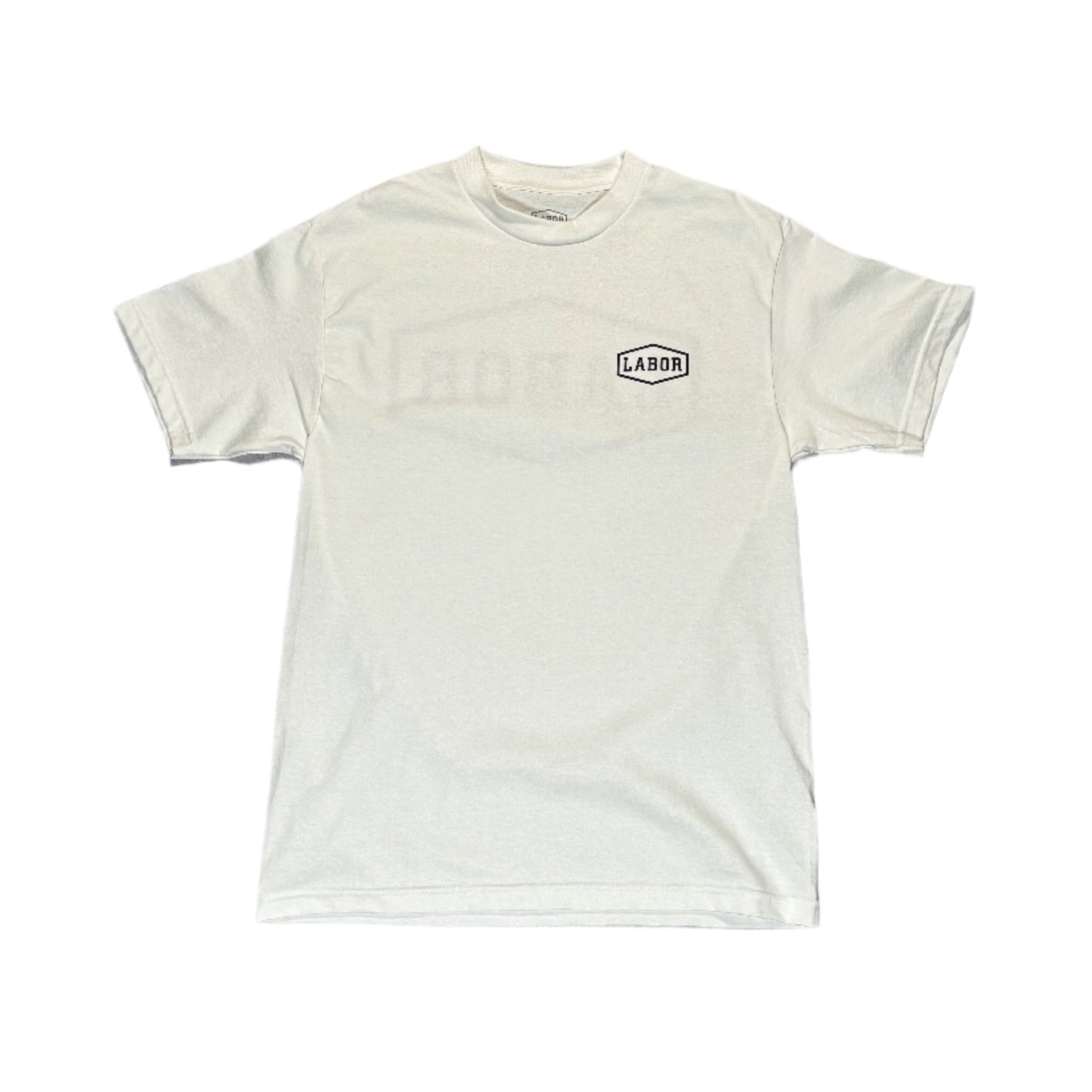 White t-shirt with a logo on a white surface
