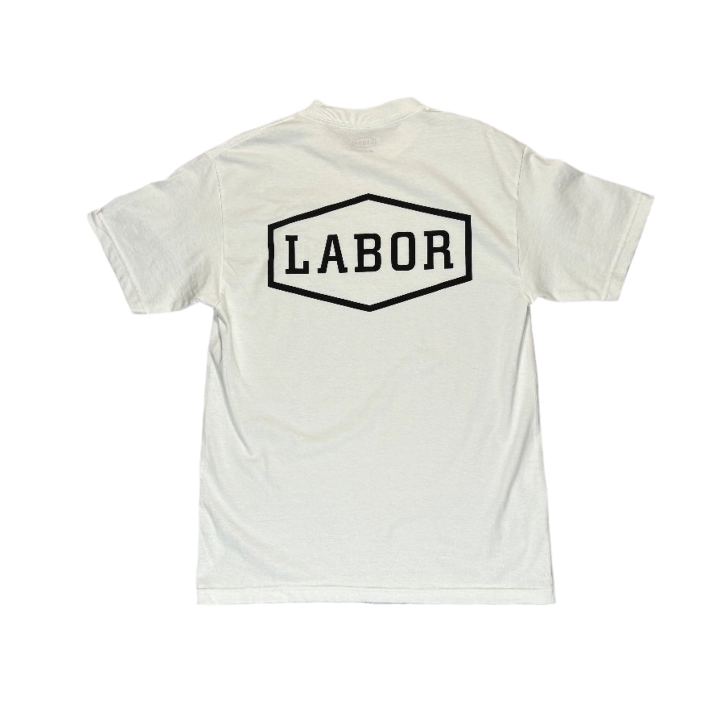 White t-shirt with 'LABOR' print on a white surface