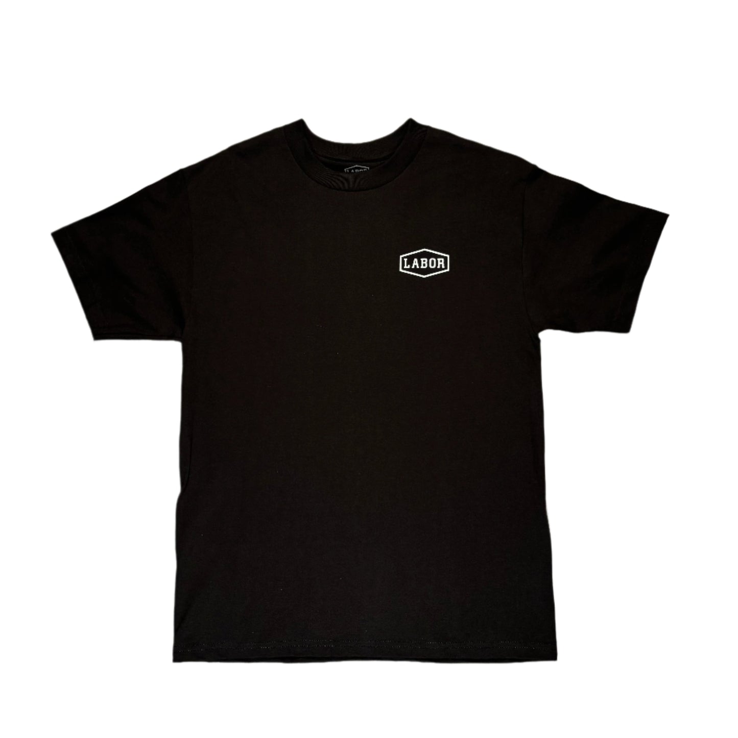 Black t-shirt with 'LABOR' logo on a white surface