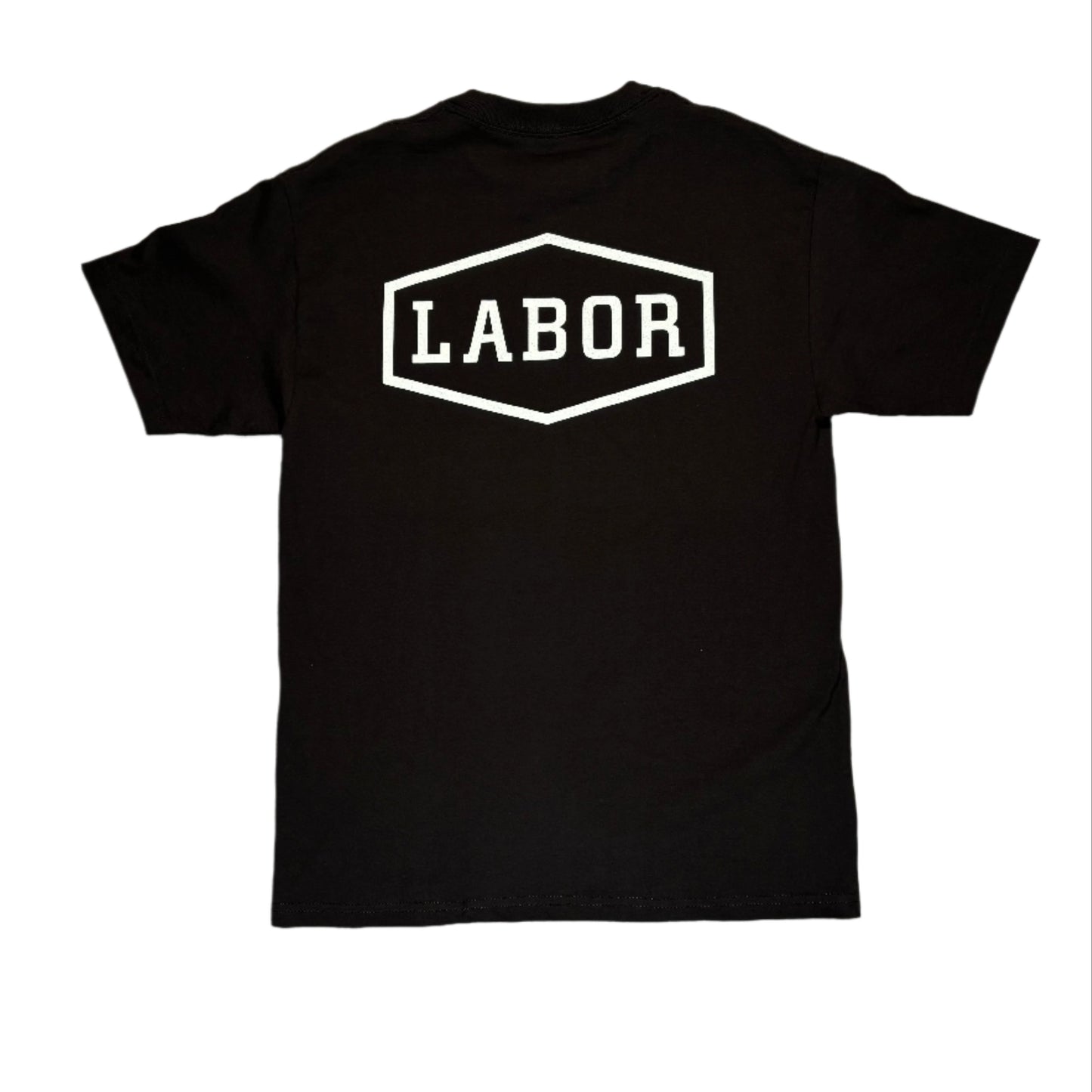 Black t-shirt with 'LABOR' logo on a white surface