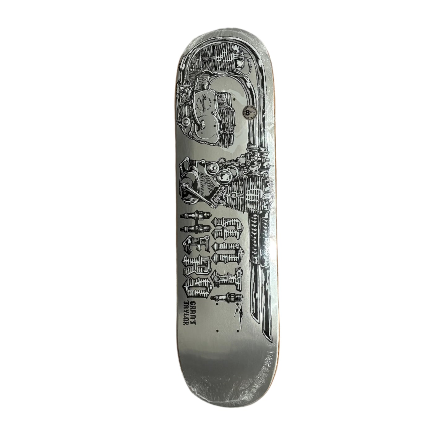 Skateboard deck with mechanical design on a white surface