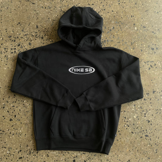 black hoodie with white logo