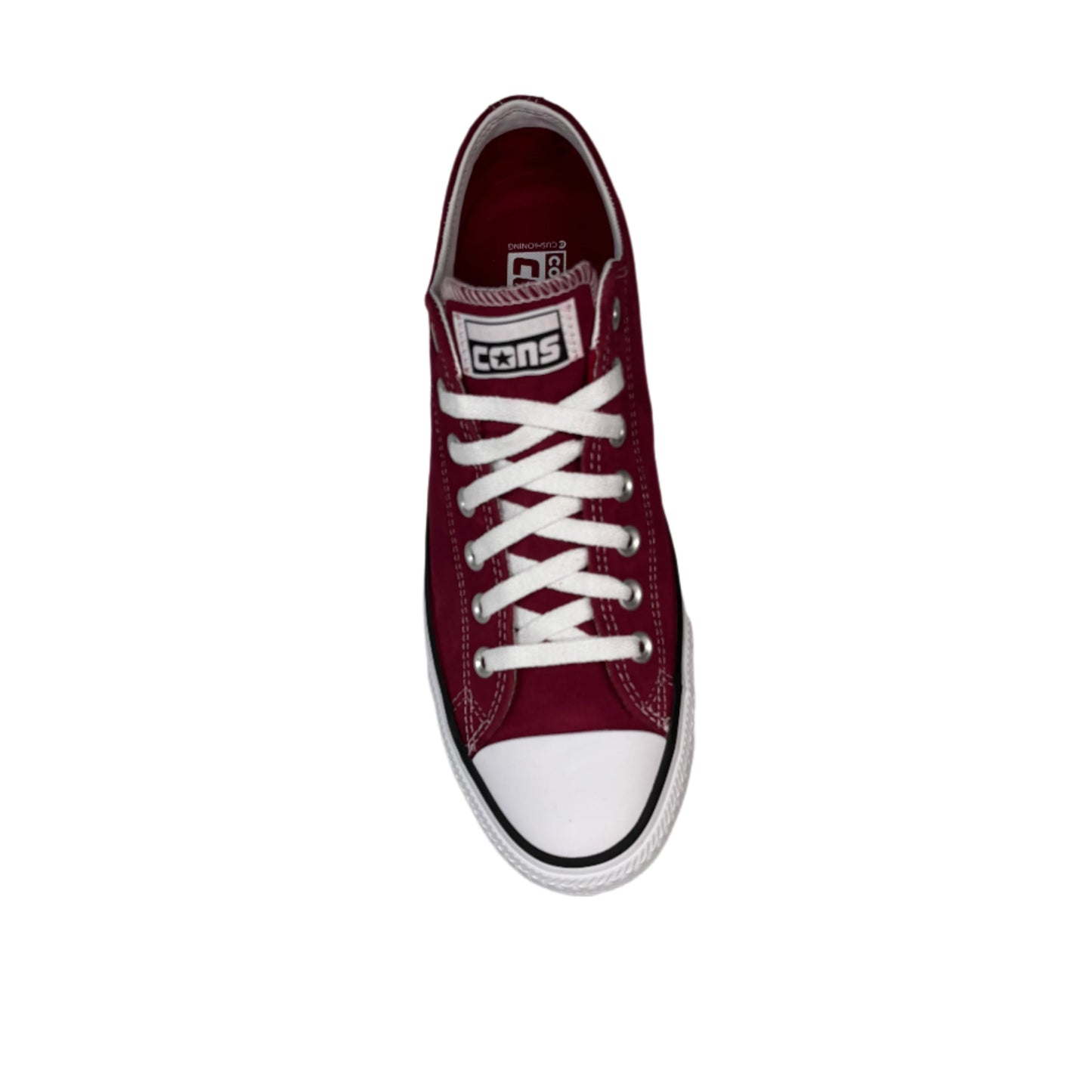 Maroon sneaker with white laces on a white background