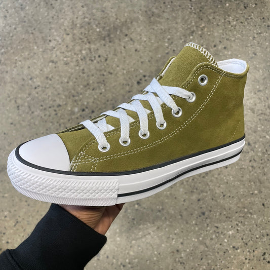 green suede hi top with white sole and toe, side view