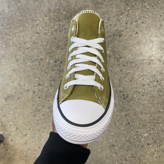 green suede hi top with white sole and toe, front view