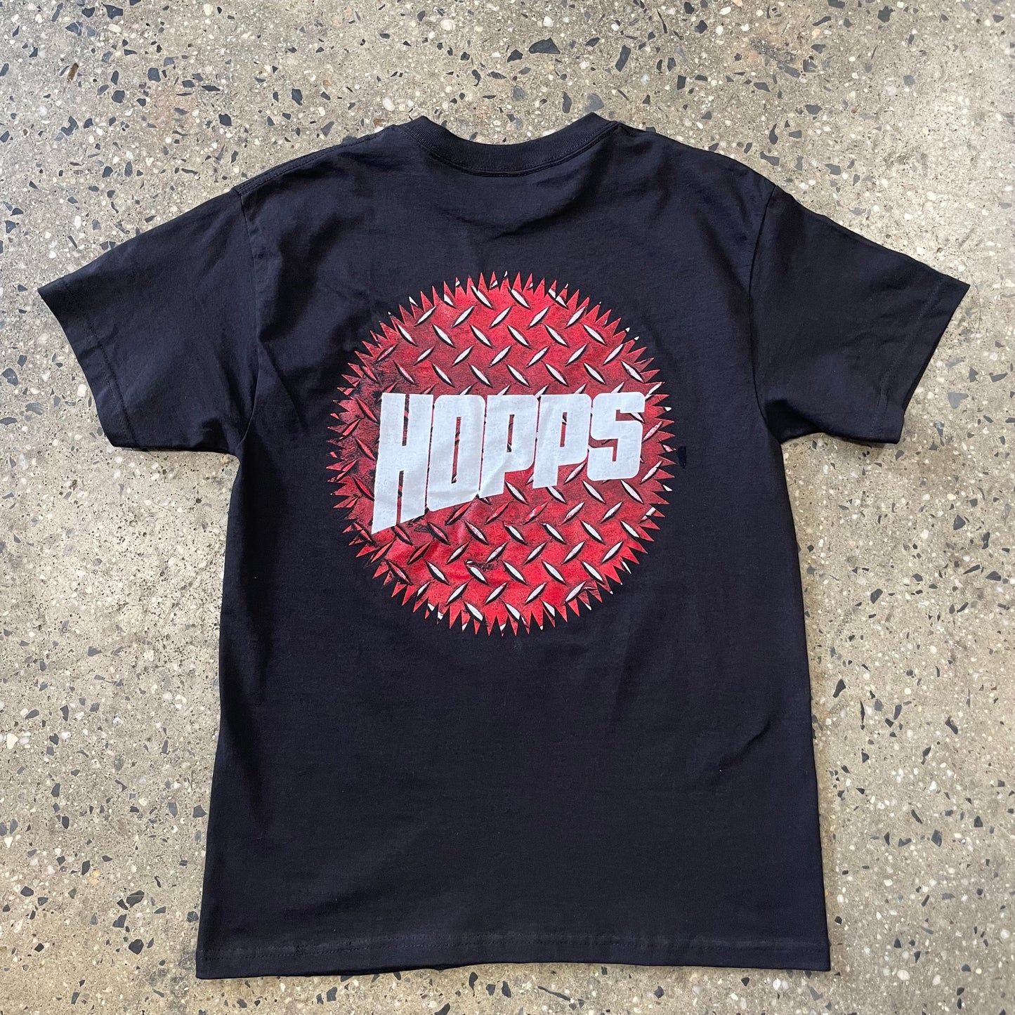 large red diamond plate hopps logo printed large on back of black t-shirt