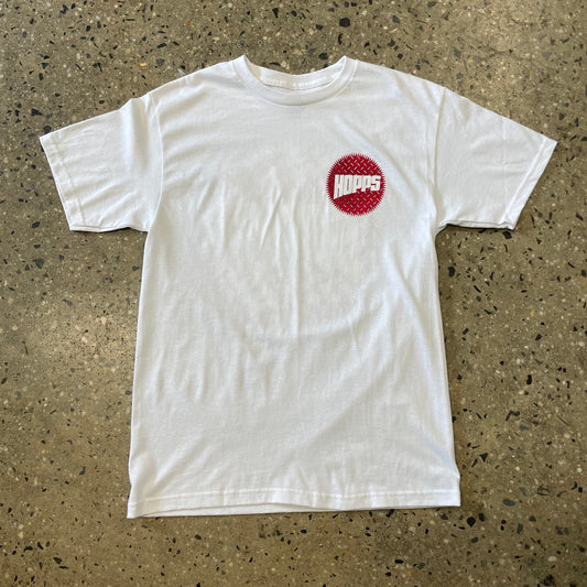 red and white diamond plate hopps logo printed on left chest, white t-shirt