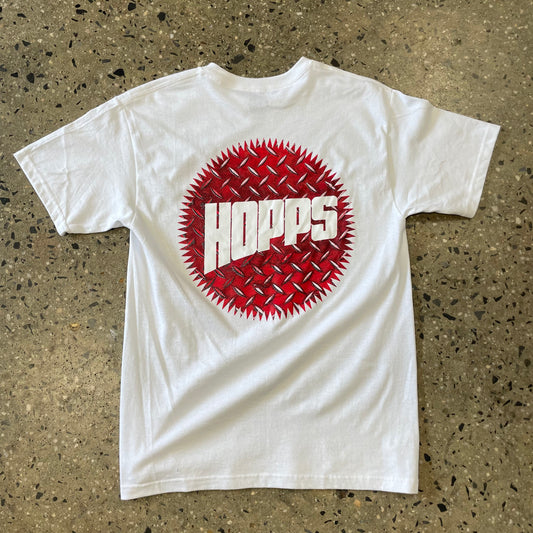 Red and white diamond plate hopps logo printed large on back of white t-shirt