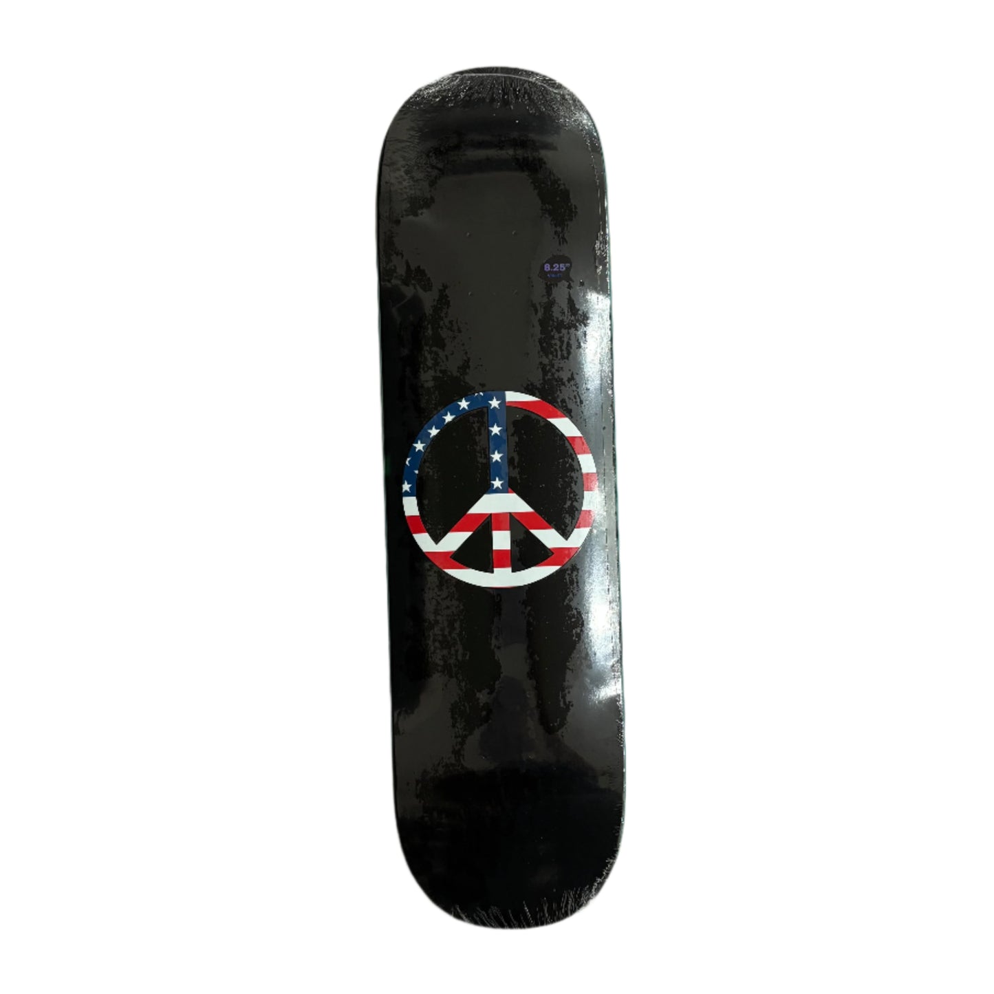Black skateboard deck with american flag peace symbol design on a white background