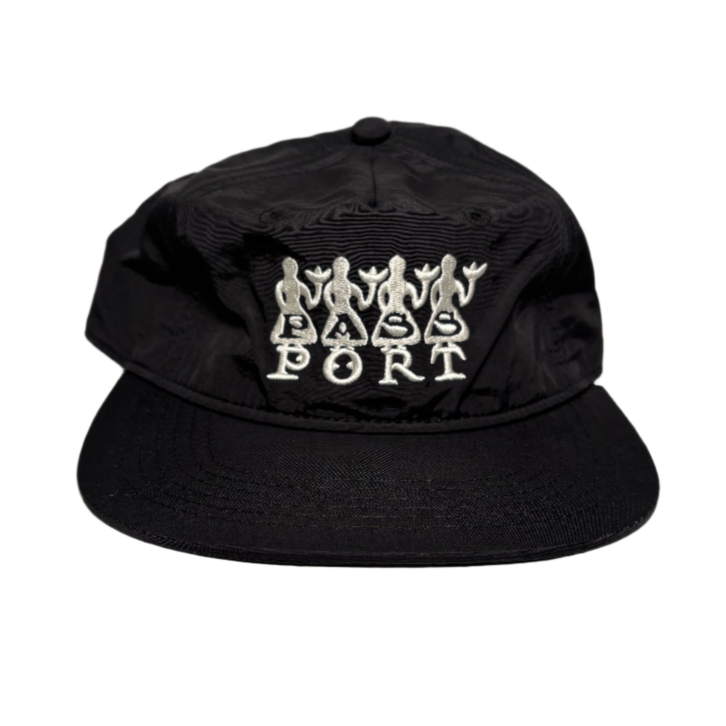Black cap with white text on a light gray background