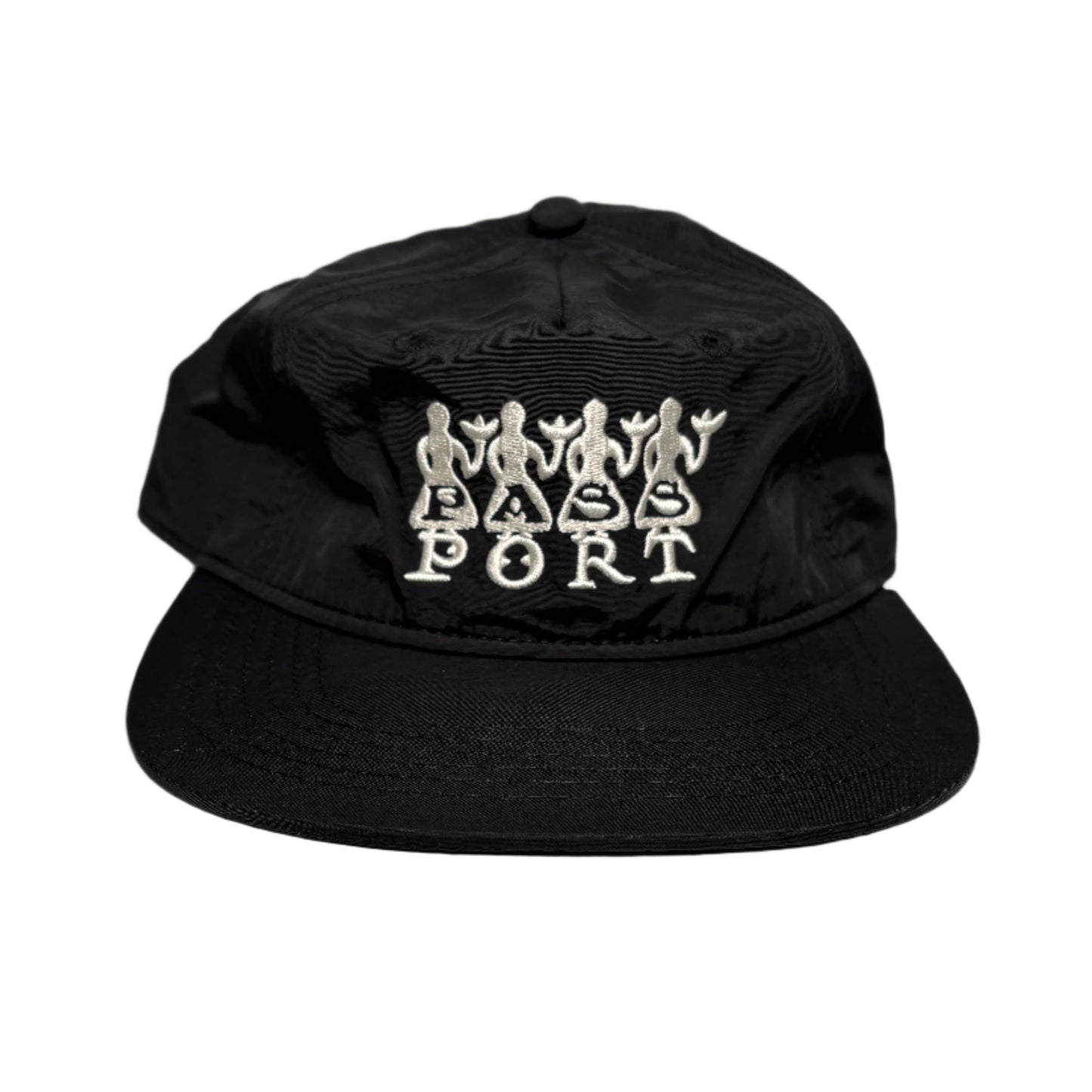 Black cap with white text on a white background
