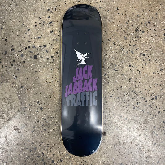 purple and black jack sabback traffic logo on black skate deck