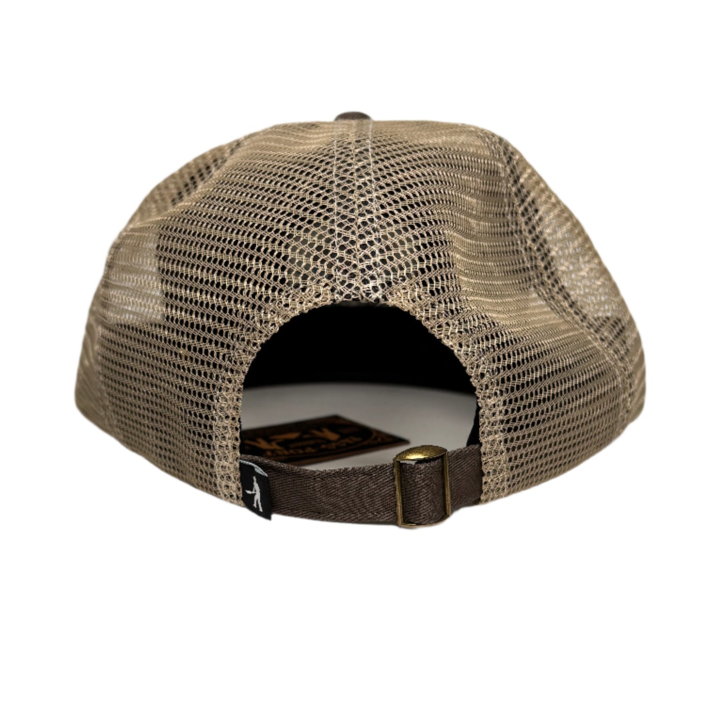 rear view of Mesh cap with a strap attached to a white surface