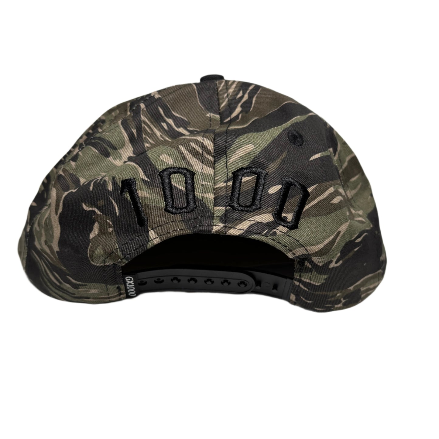 Camouflage-patterned rear of hat on a white background