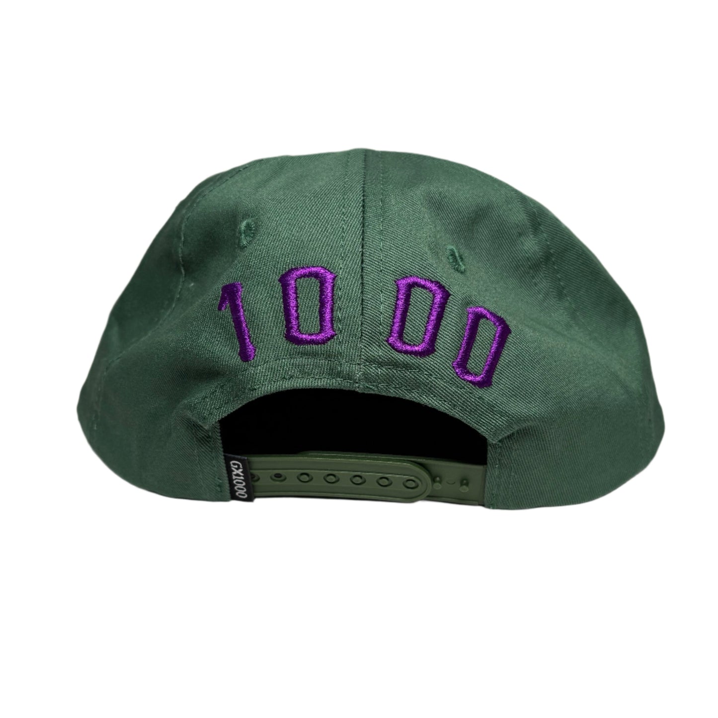 rear of Green cap with purple numbers on a white background