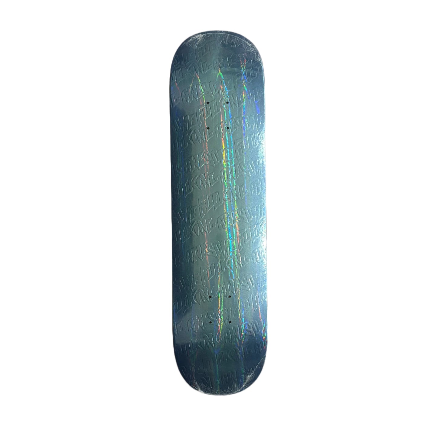 fucking awesome embossed Skateboard deck with a blue and green iridescent finish on a gray surface.