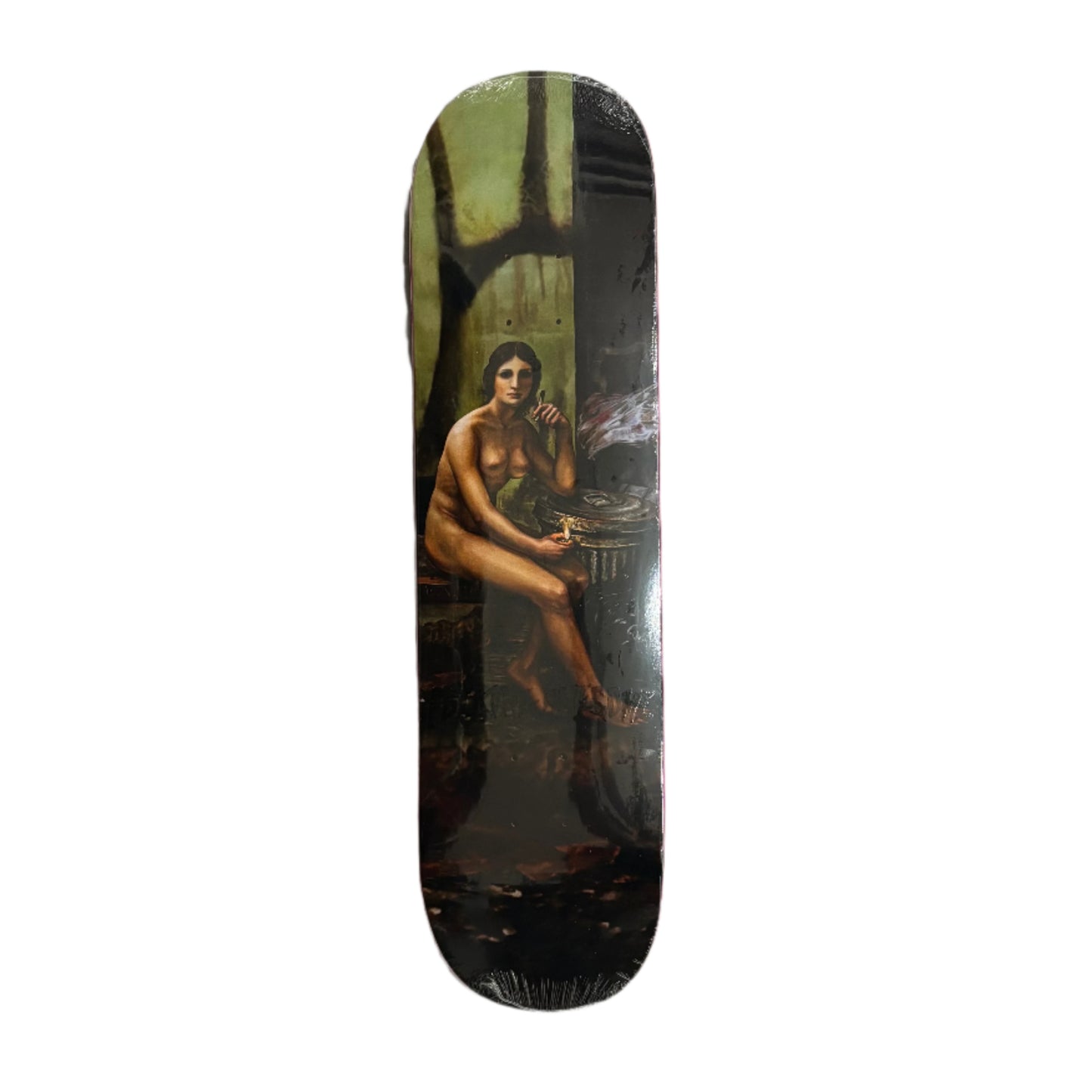 Skateboard deck with a painting of a nude figure on a textured surface