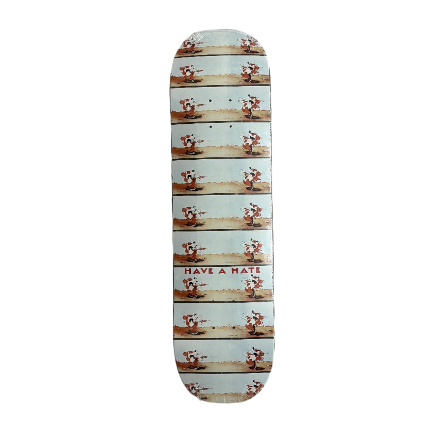 Skateboard deck with a printed design on a white background