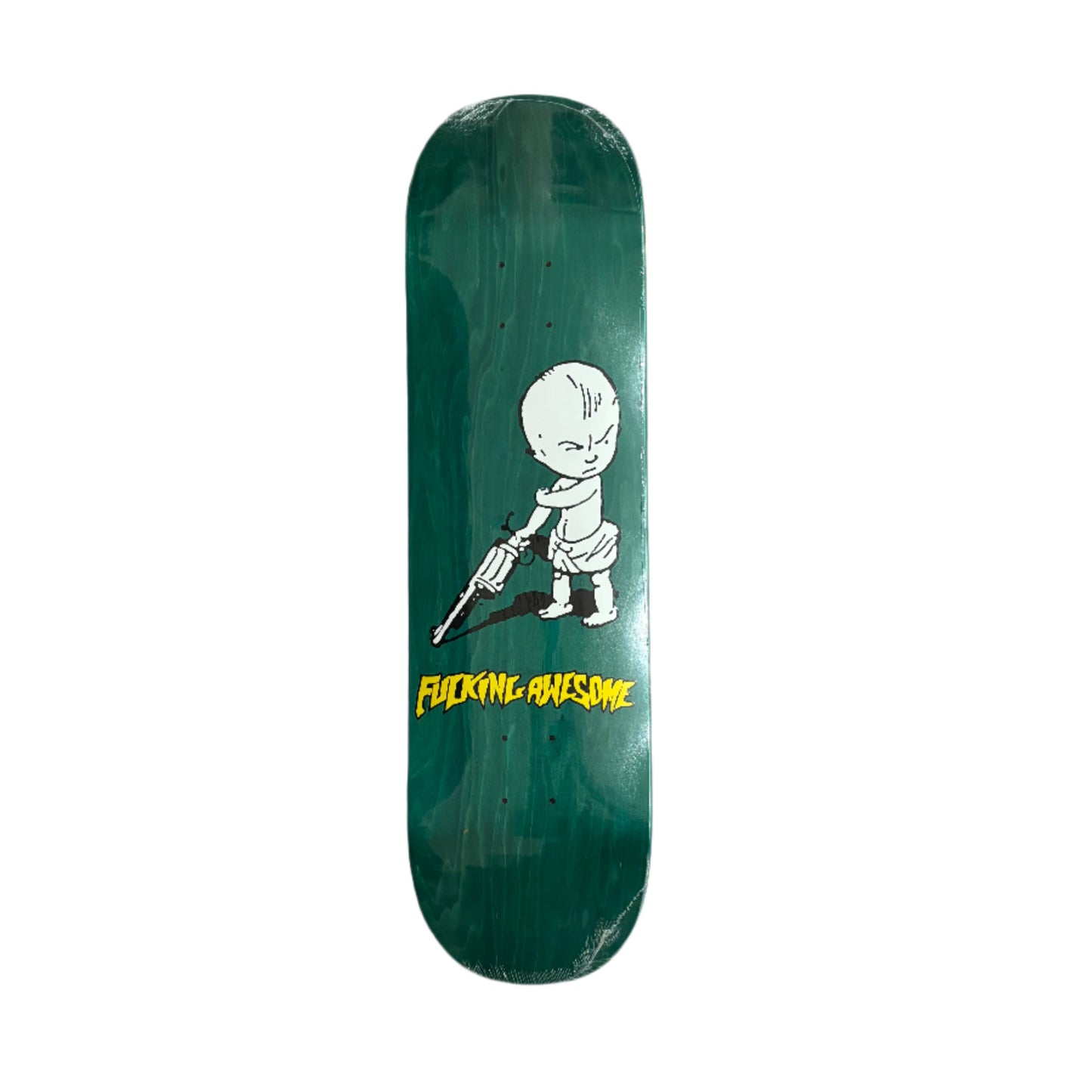 Skateboard deck with a graphic design on a white background