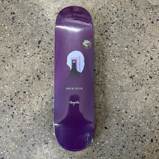 door in white shape on purple skateboard deck