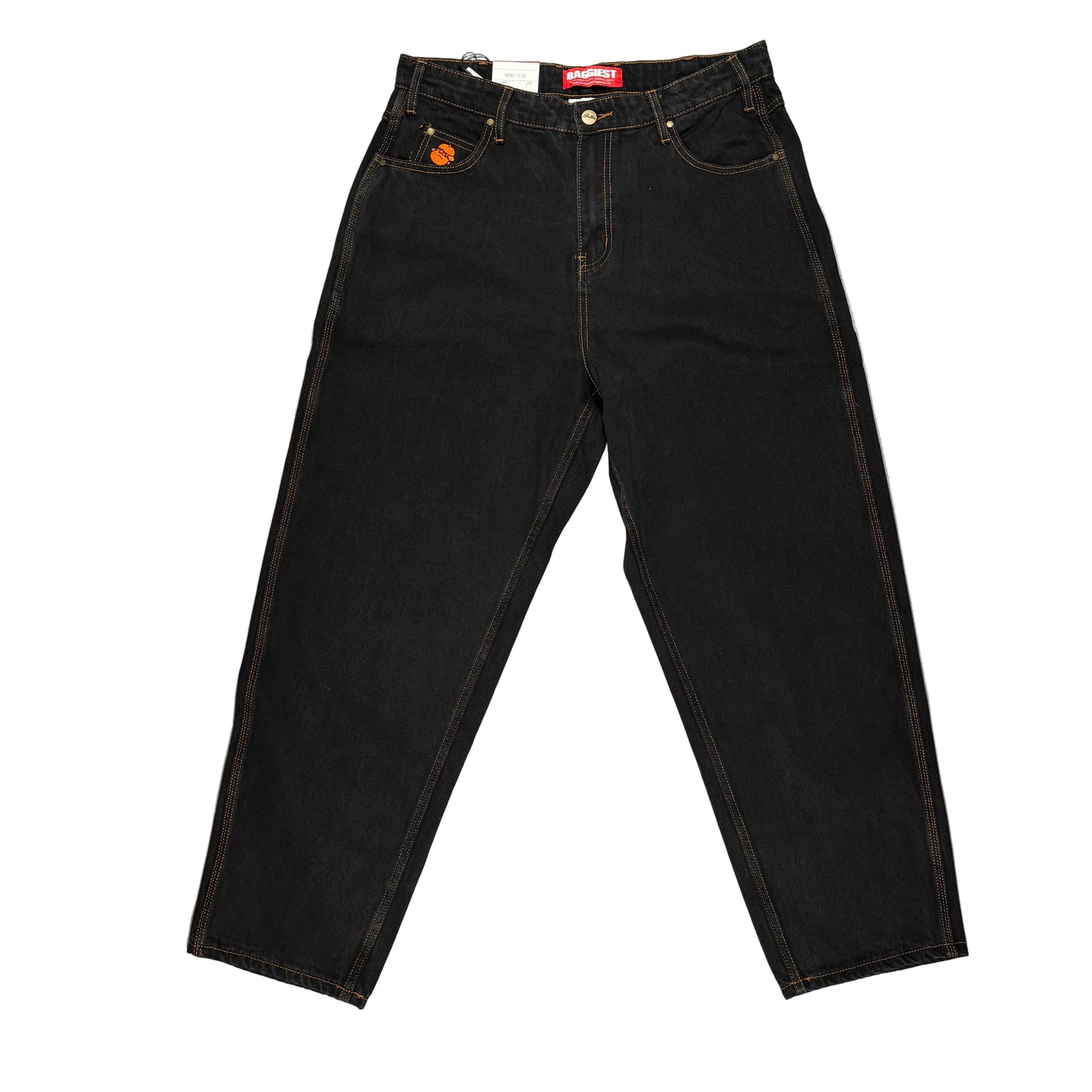 Black jeans with a brand logo on a white surface