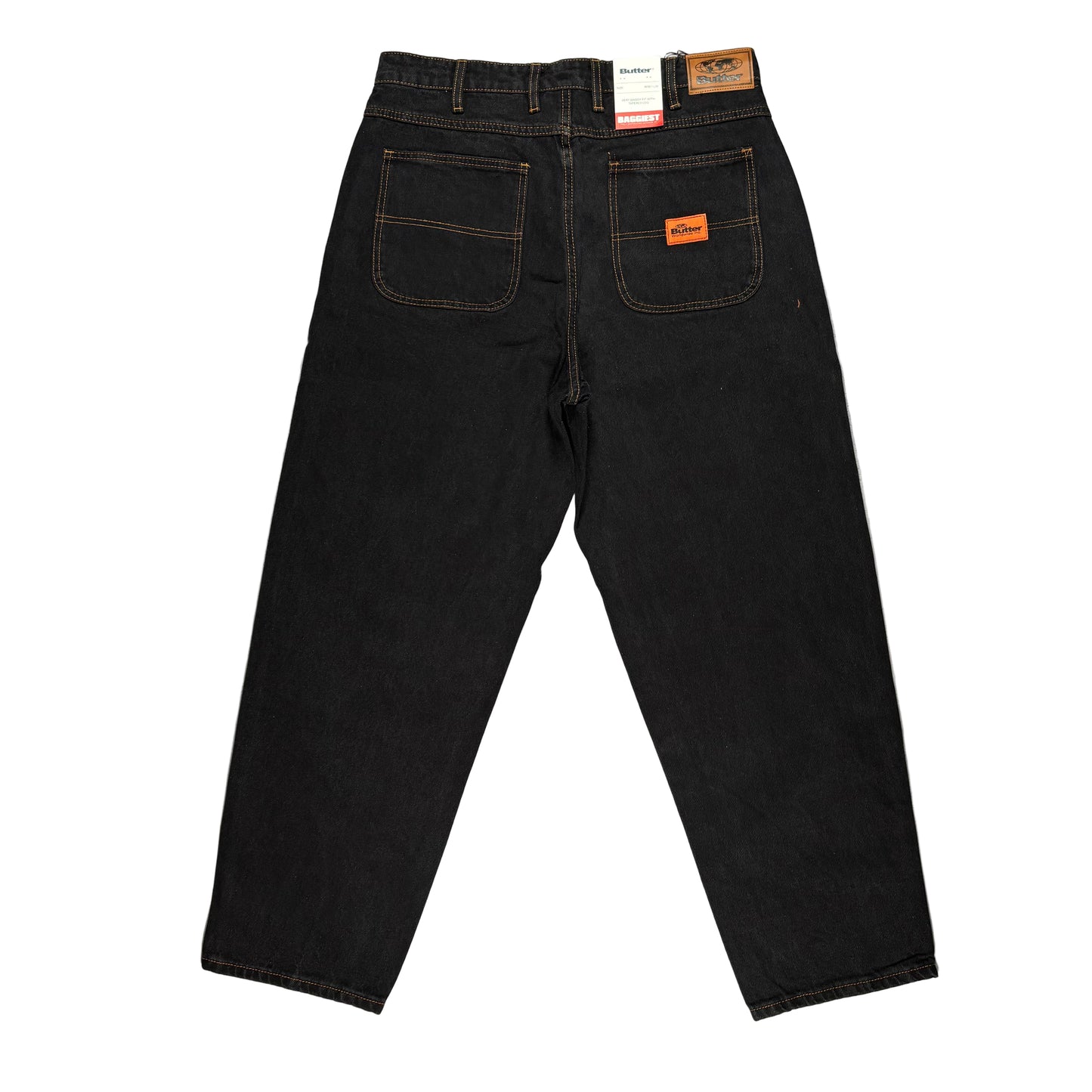 rear view of Black jeans on a white surface
