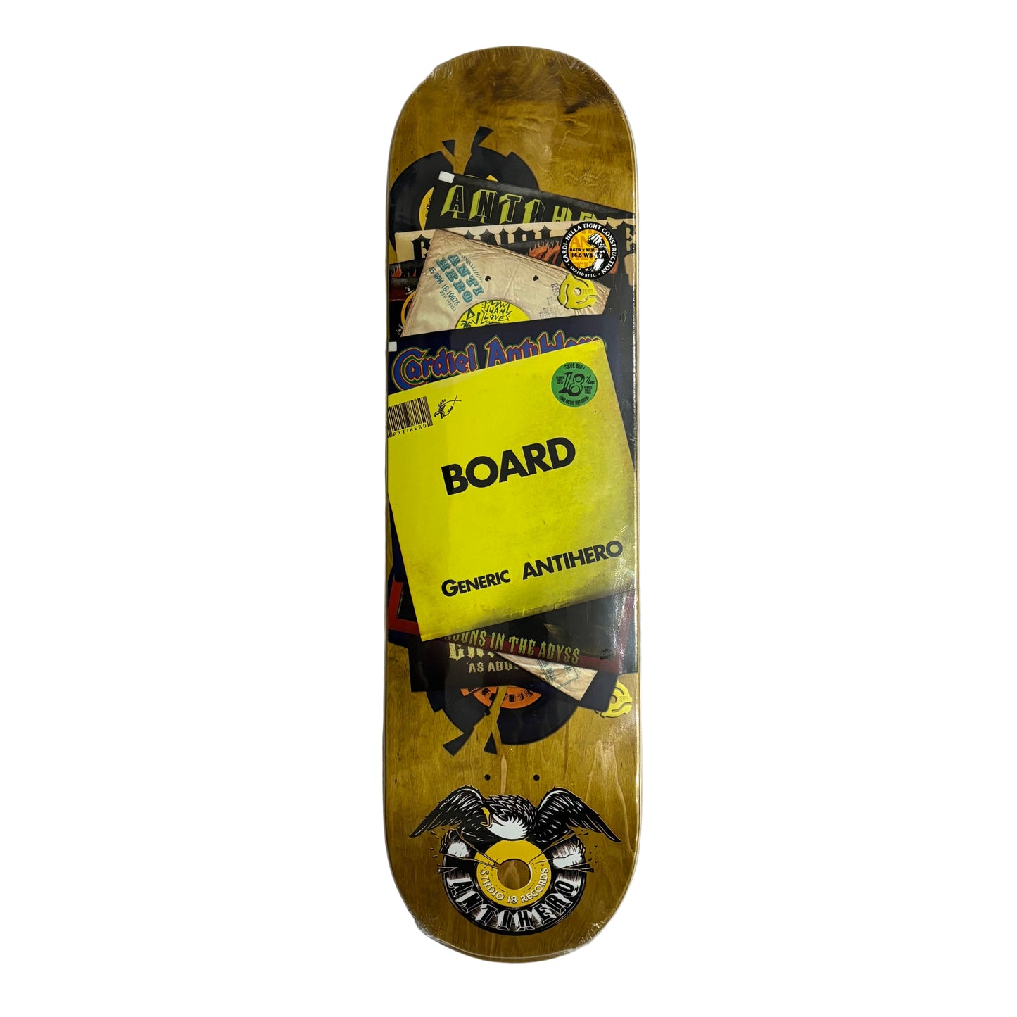 Skateboard deck with visible branding on a white surface