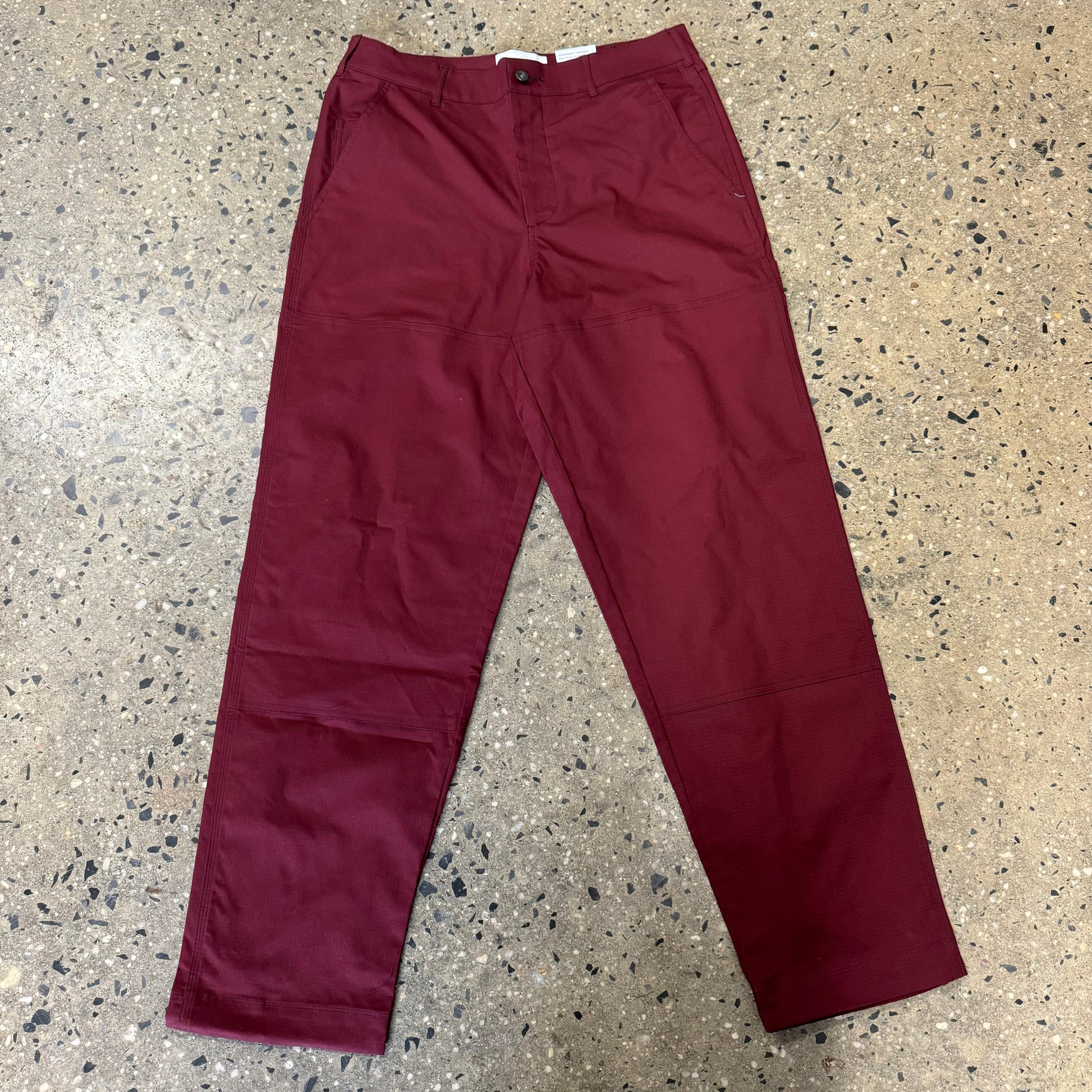 dark red pants, front view of double knee