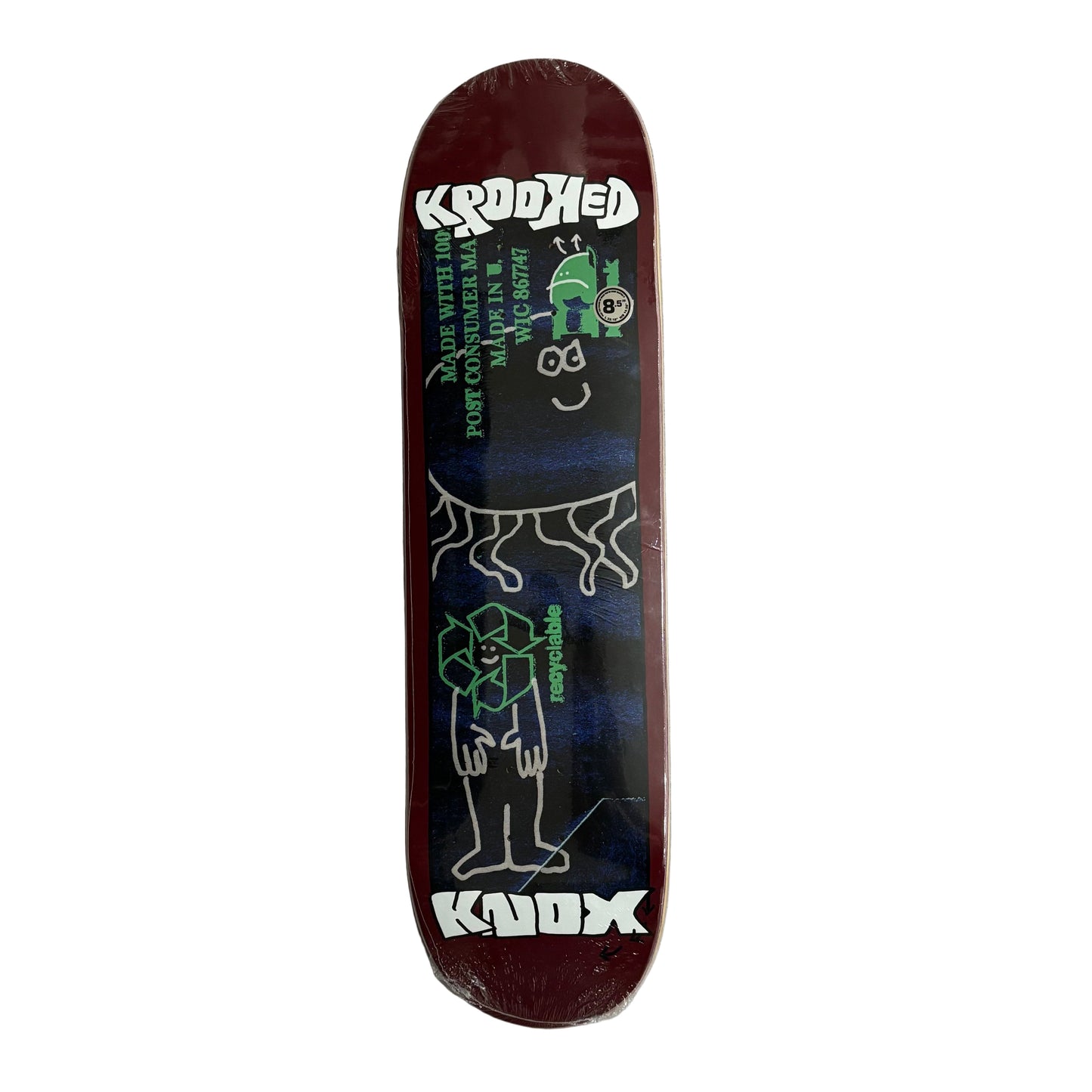 Skateboard deck with graphics and text on a white surface