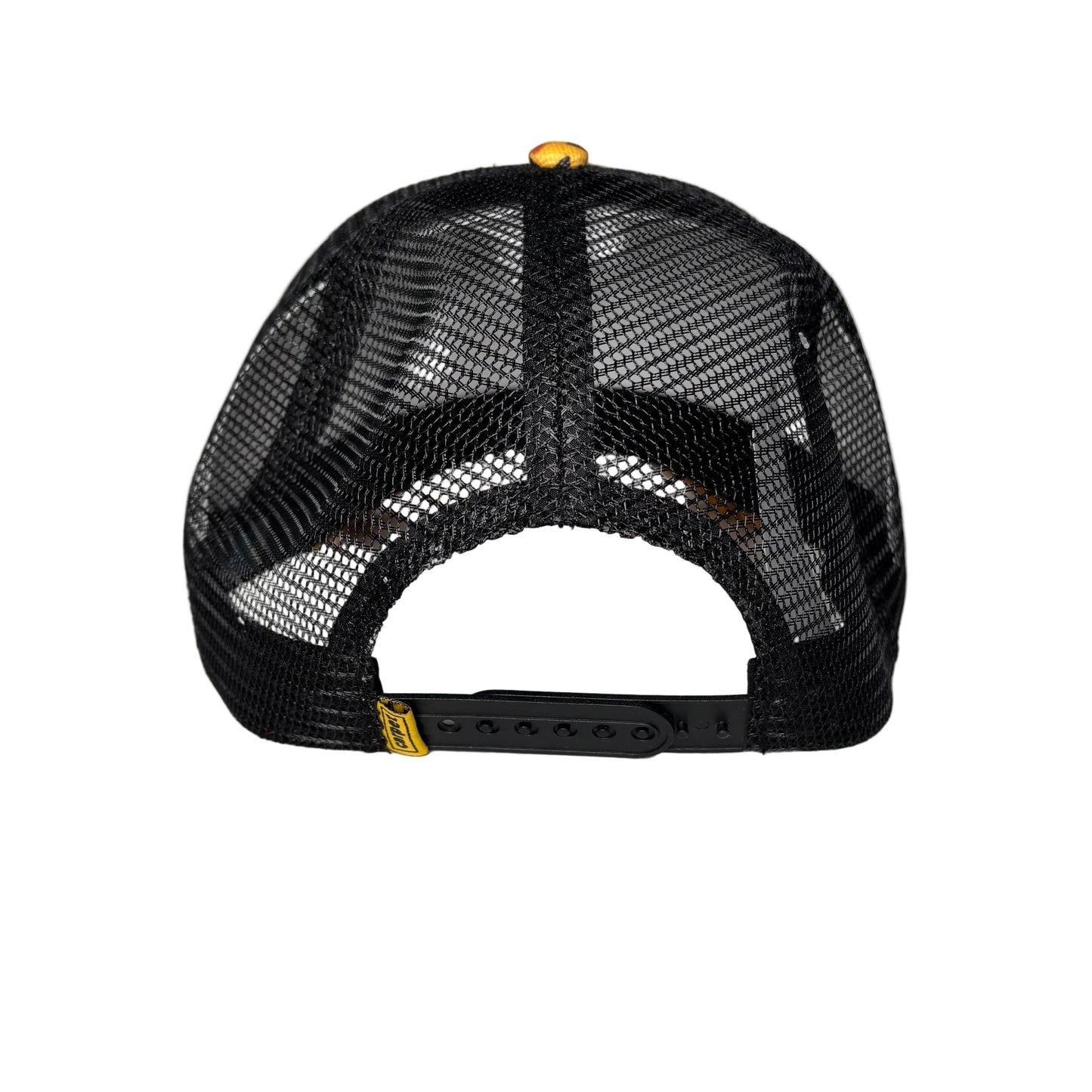 rear of Black mesh cap with yellow accents on a white background