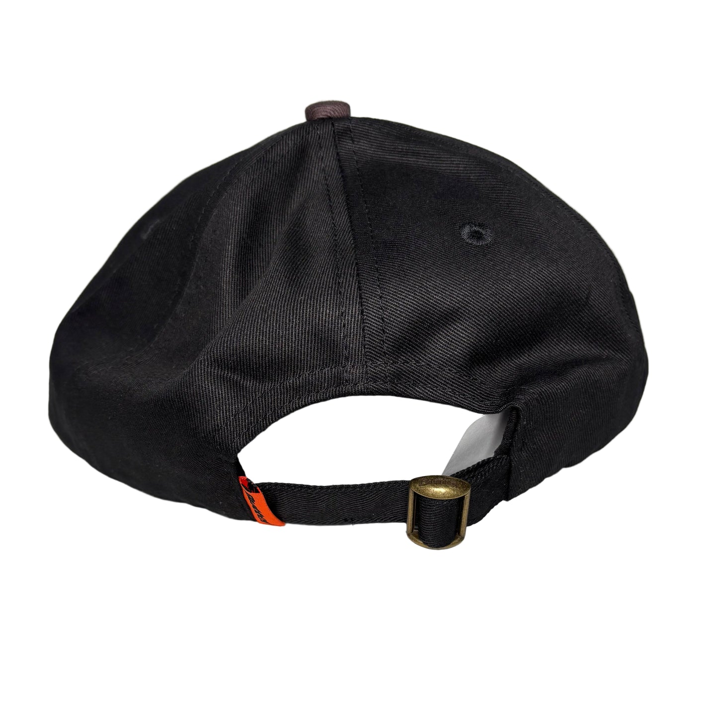rear view of Black cap with a strap on a white background