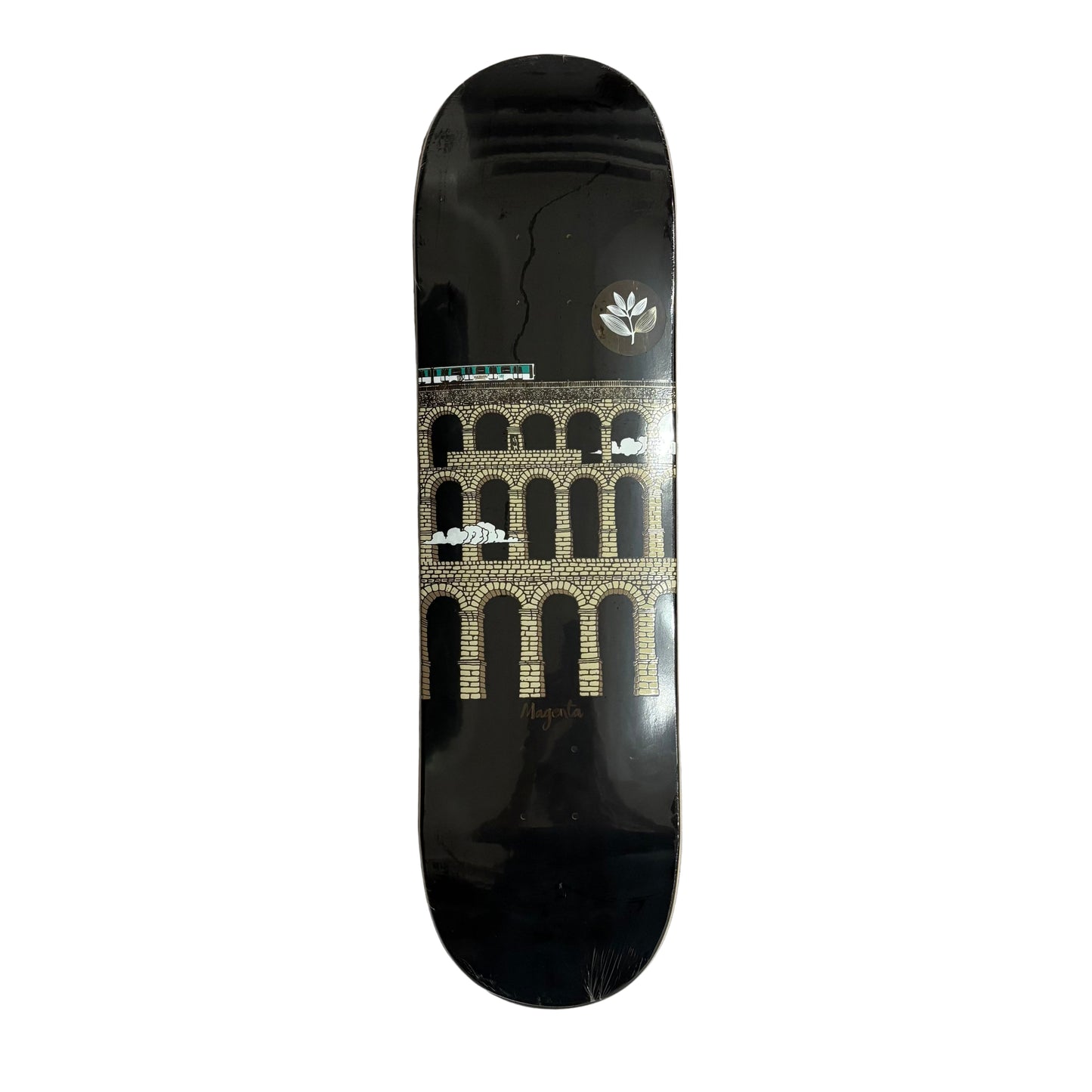 Skateboard deck with architectural design on a white surface