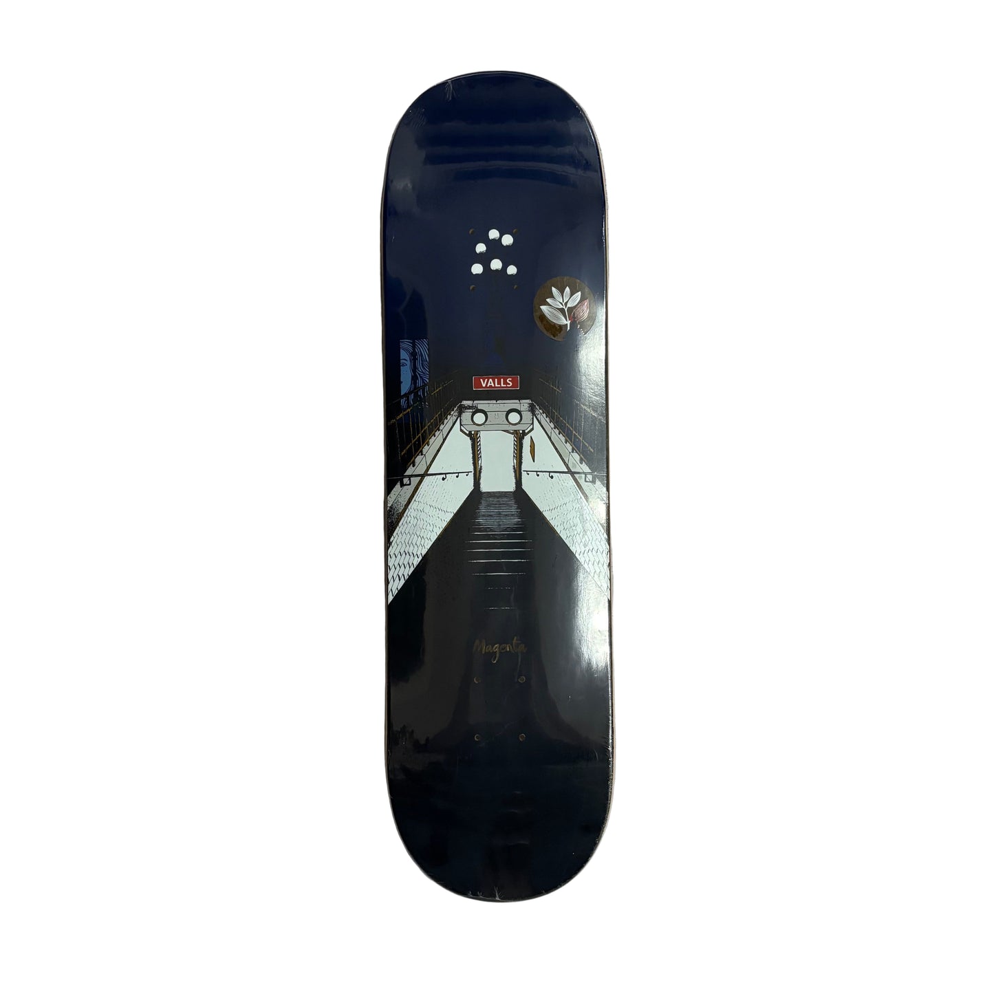 Skateboard deck with a graphic design on a white surface