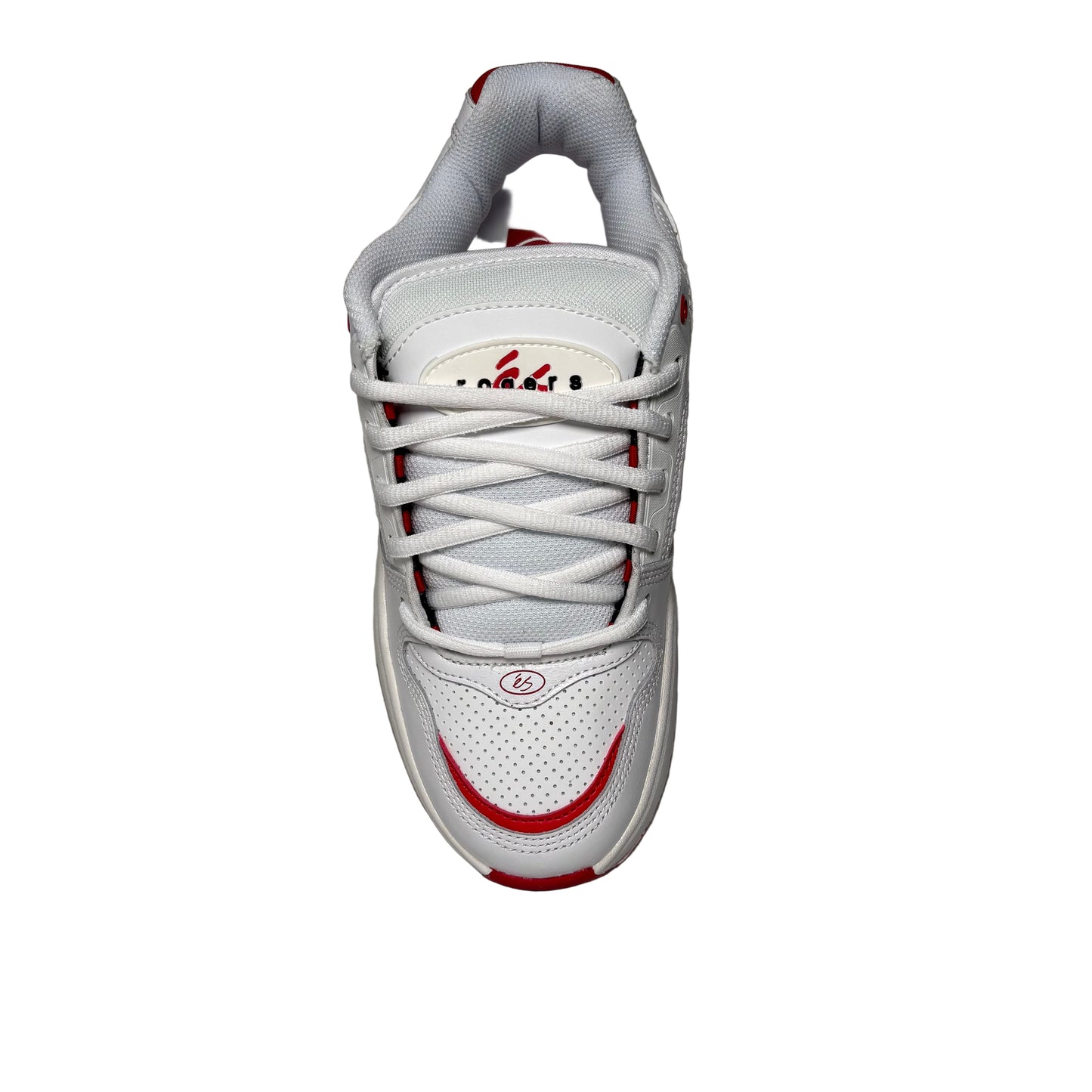 White sneaker with red accents on a white platform against a gray background