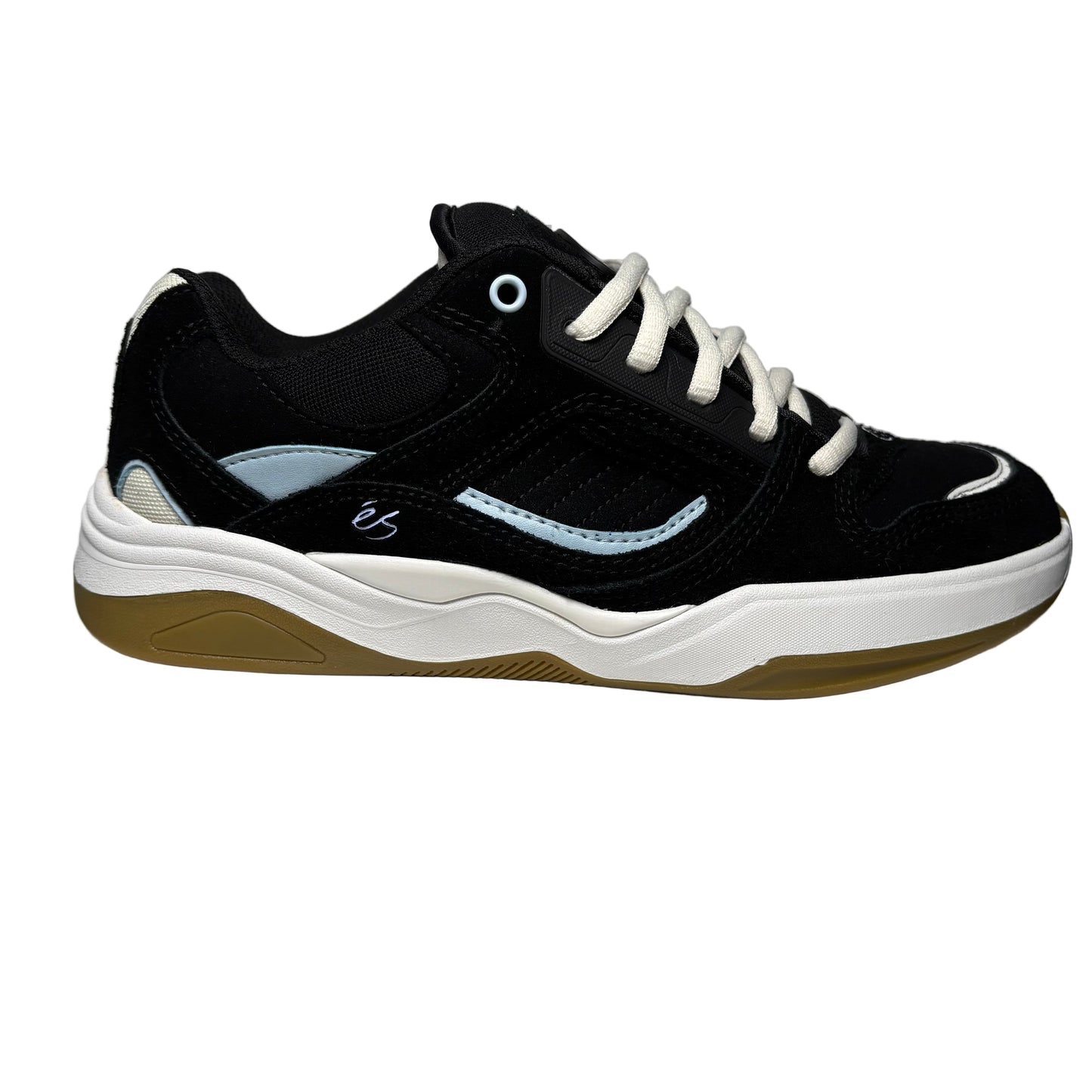 Black sneaker with white laces and sole on a gray background