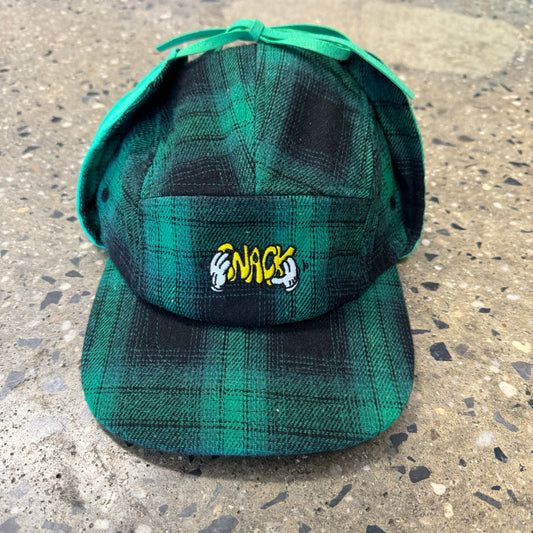 green flannel earflap cap with yellow logo