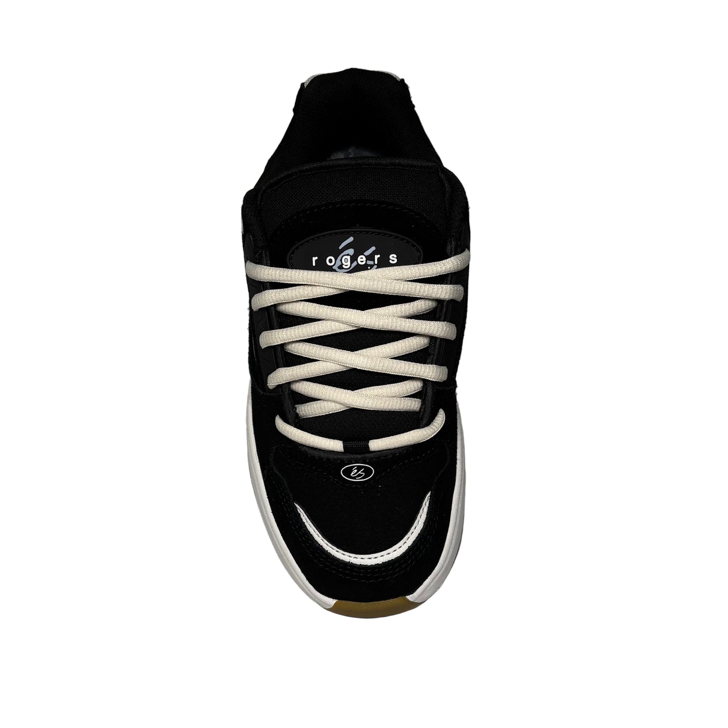 Black sneaker with white laces on a white background