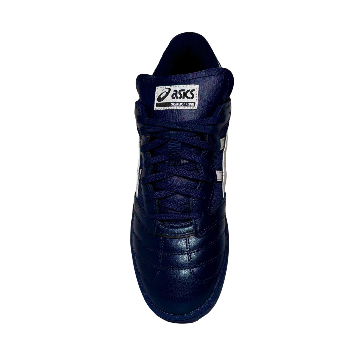 Navy blue sneaker with white logo on a white background