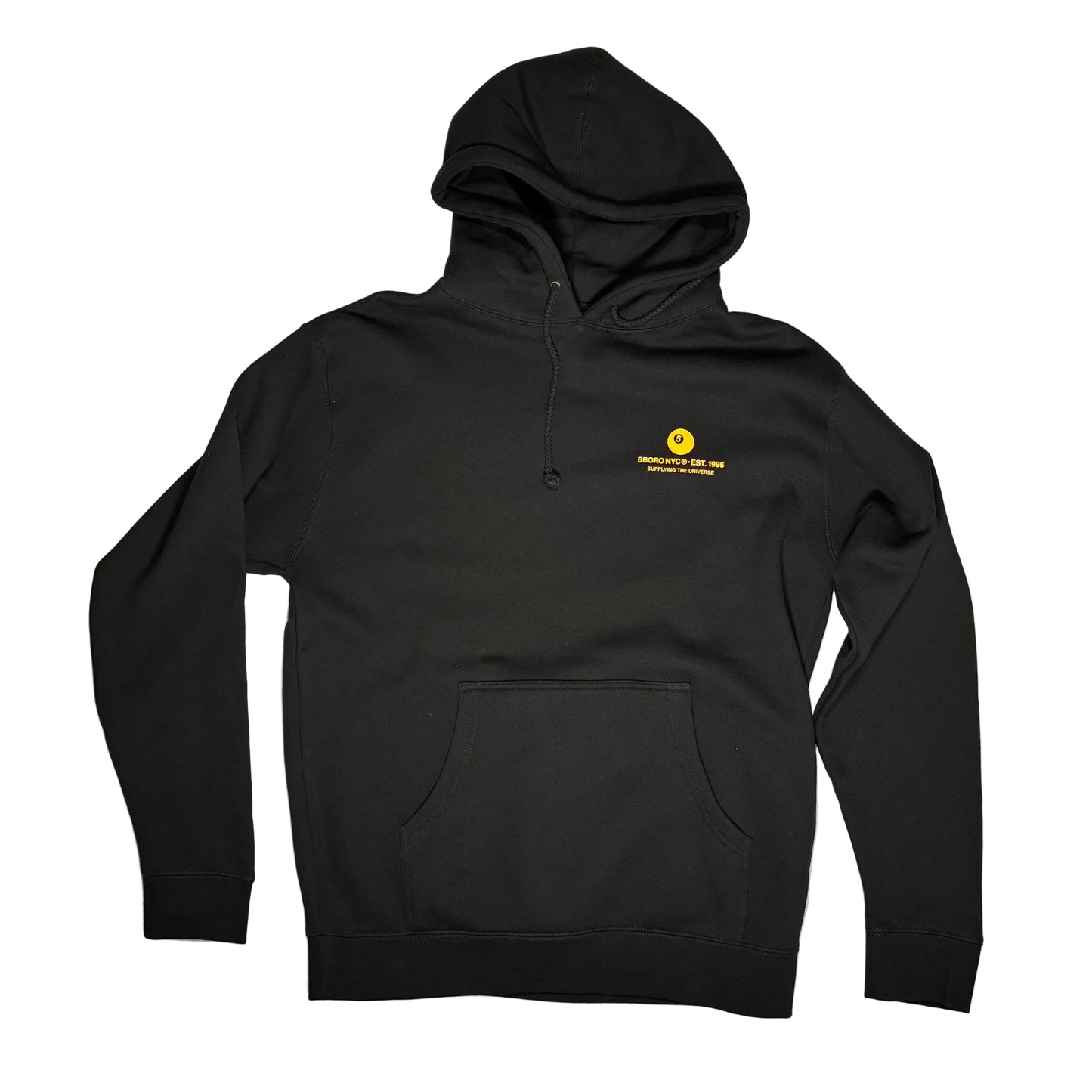 Black hoodie with a yellow logo on a gray surface