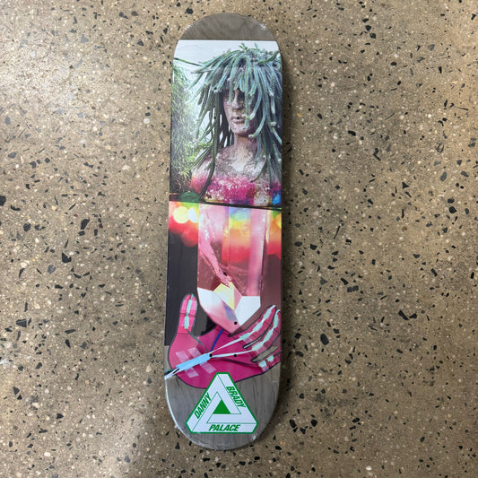 multi color abstract design on grey wood grain skate deck (wood grain color may vary)