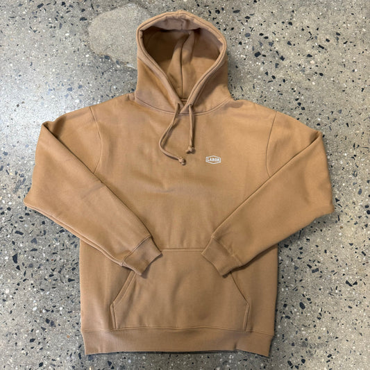 Tan hoodie with left chest LABOR crest embroidery