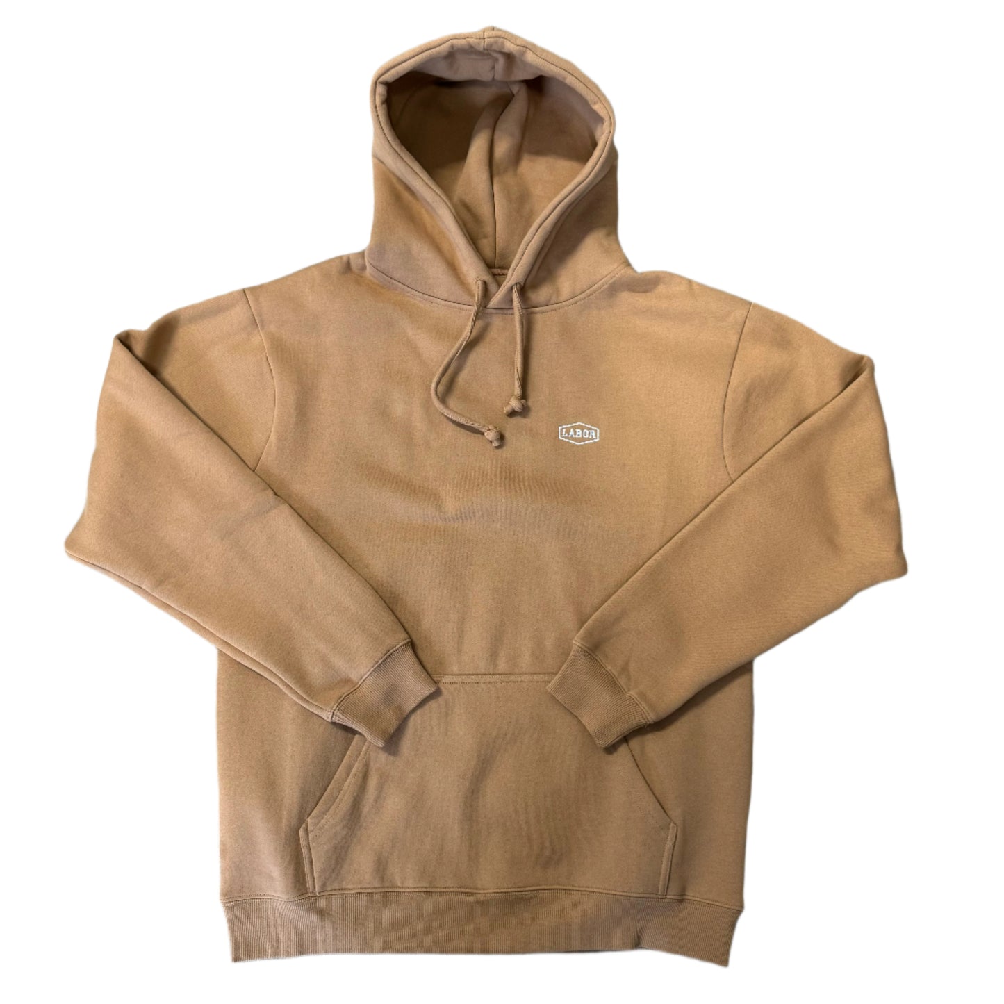 Tan hoodie with left chest LABOR crest embroidery