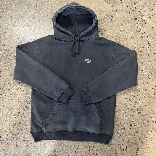 Black overdyed hoodie with embroidered crest logo on left chest