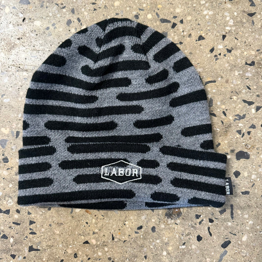 Grey and black pattern beanie, fold beanie and embroidered crest logo 