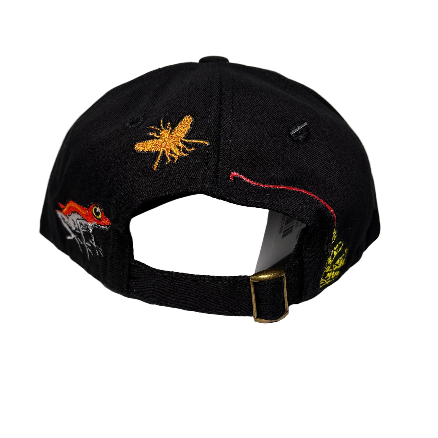 Black cap with colorful embroidered designs on a white background