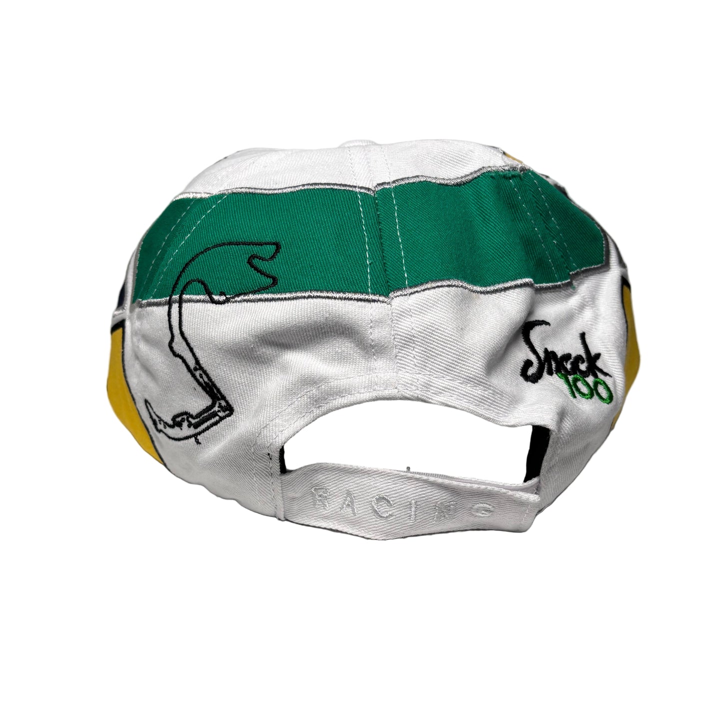 rear view of Colorful cap with designs on a white surface