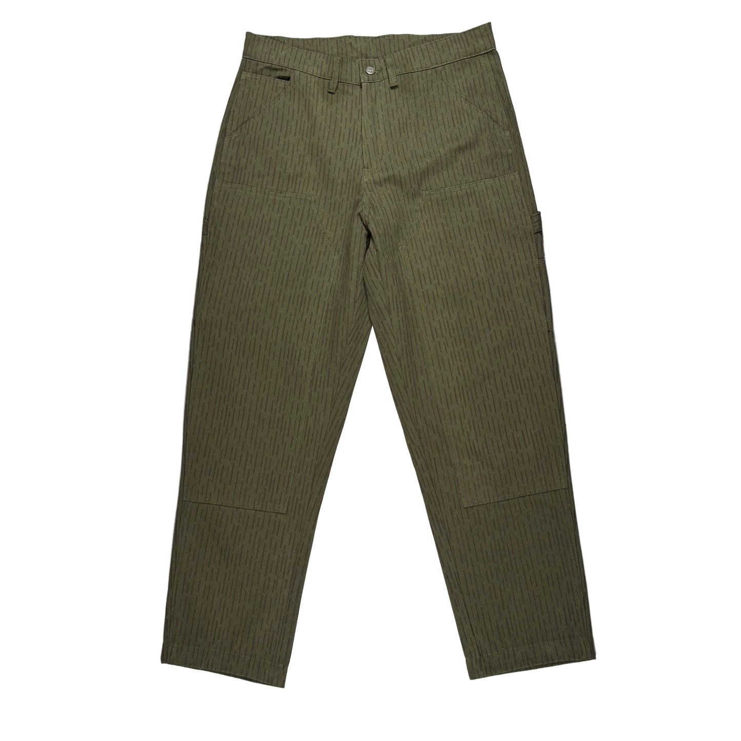 Green single knee rain camo pants on a white background