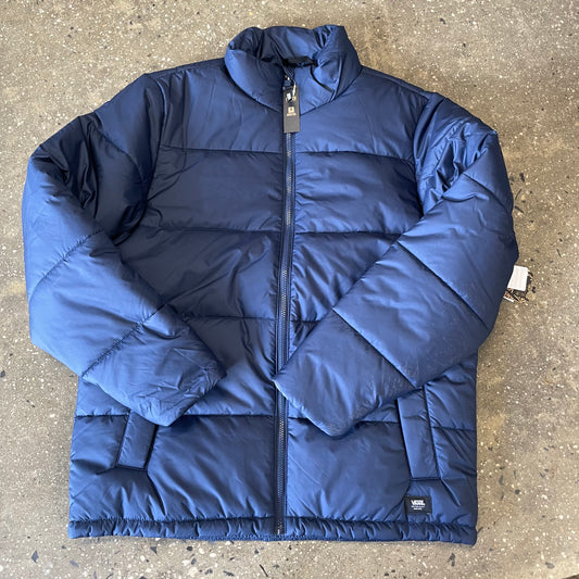 front view of tab collar dress blue puffer jacket